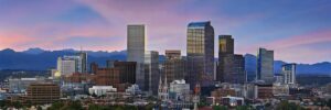 Downtown Denver Skyline with Mountains Background